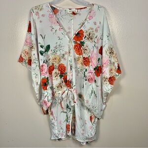 Souvenir 100% Silk Tassel Rose Print Swim Cover Up Tunic Blouse